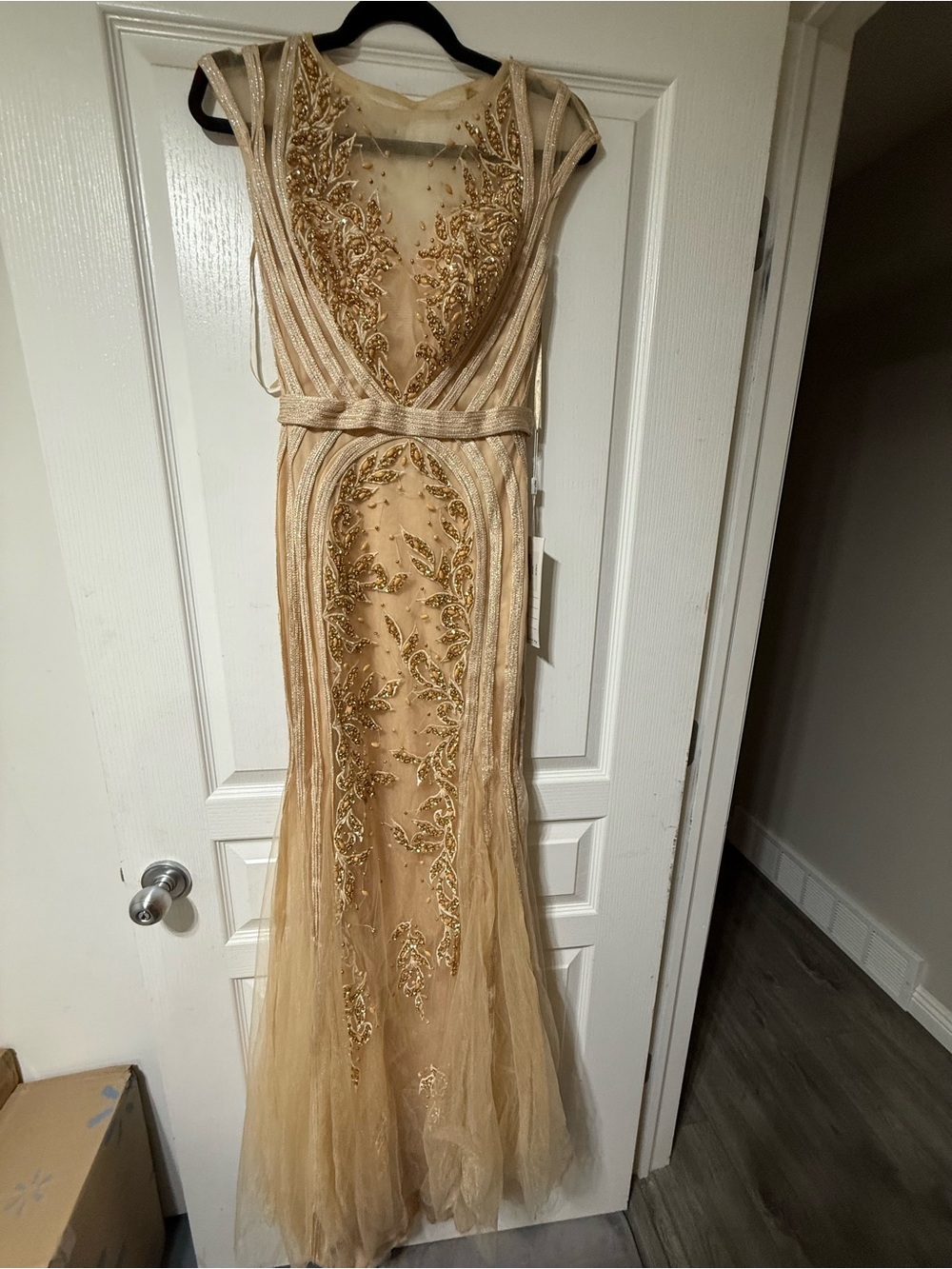 Gold Embellished Mesh Evening Gown - Elegant Prom Dress